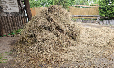 Large pile of hay in a rural area near a wooden fence © Nadzeya