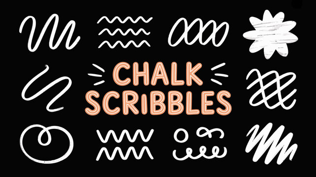 Chalk scribbles collection featuring wavy lines circular shapes and floral like doodles on a black background art chalkboard hand drawn sketch