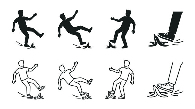 Falling person silhouettes depicting a slip and fall hazard black and white