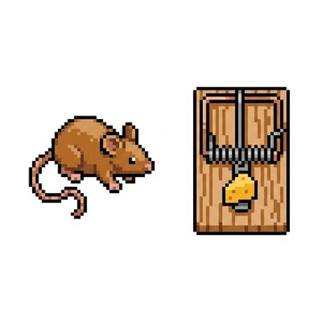Pixel art mouse and a wooden mousetrap with cheese bait