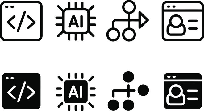 Set of technology and software development icons including coding, ai chip, workflow, and user profile