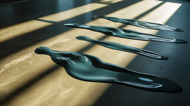 Viscous liquid blobs with reflections on a textured floor with light stripes fluid shape