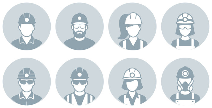 Collection of diverse construction worker avatars in circular icons, representing different professions and genders.