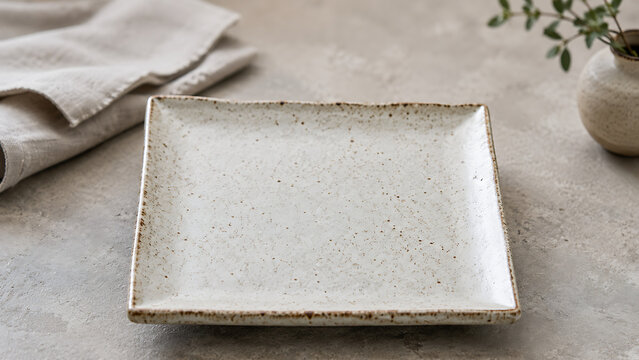 White Ceramic Square Plate on Neutral Linen Fabric Background