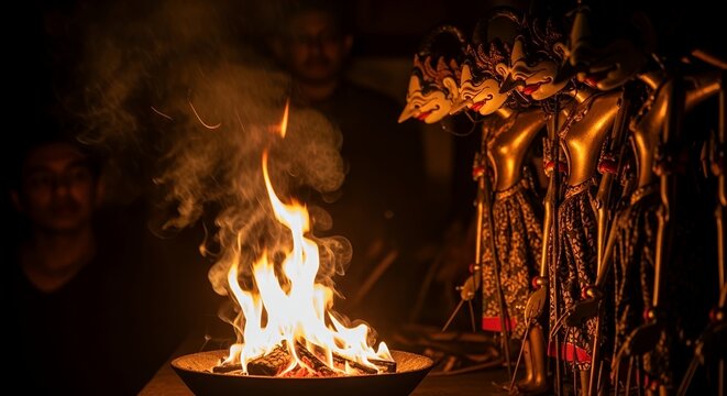 Traditional Indonesian Wayang Kulit Shadow Puppet Performance Illuminated by Open Fire at Night