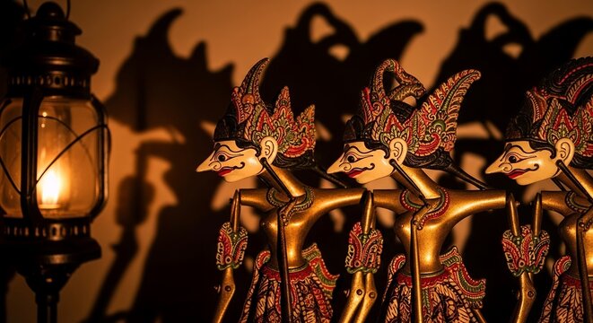 Traditional Indonesian wayang kulit leather puppets illuminated by the warm light of a vintage lantern casting dramatic shadows