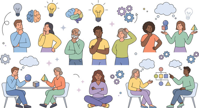 Diverse People Thinking and Brainstorming Set with Lightbulb Idea Symbols, Mind Mapping, Problem Solving, and Creative Logic Concepts for Education and Business Presentations