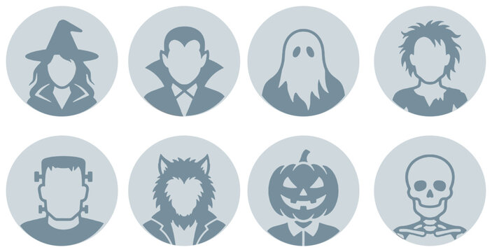 Collection of Halloween monster avatar icons featuring witch vampire ghost zombie frankenstein werewolf pumpkin and skeleton.