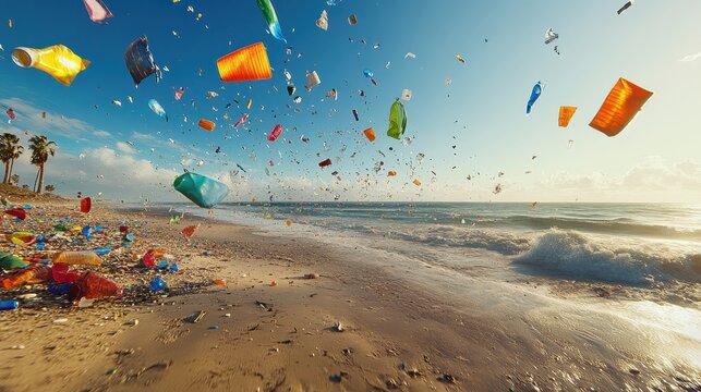 Ubiquitous Plastic Pollution Marring a Beautiful Sandy Beach and Coastal Ocean Under a Clear Blue Sky