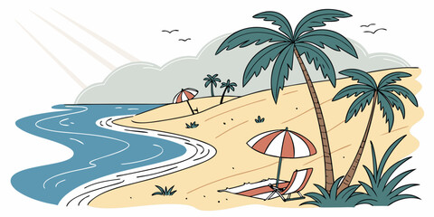 Sunny tropical beach scene with palm trees and beach chair under parasol tropical vacation landscape relaxation illustration paradise destination shoreline sunlight recreation peaceful © AG