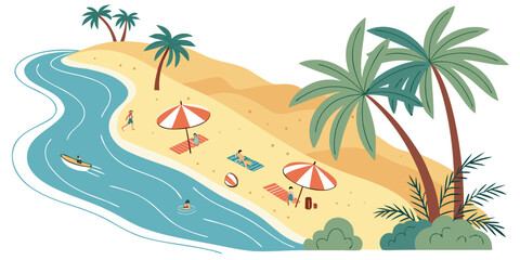 Fototapeta premium Summer beach resort scene with tourists relaxing under parasols and palm trees vacation tropical swimming lifestyle landscape recreation paradise destination activities relaxation