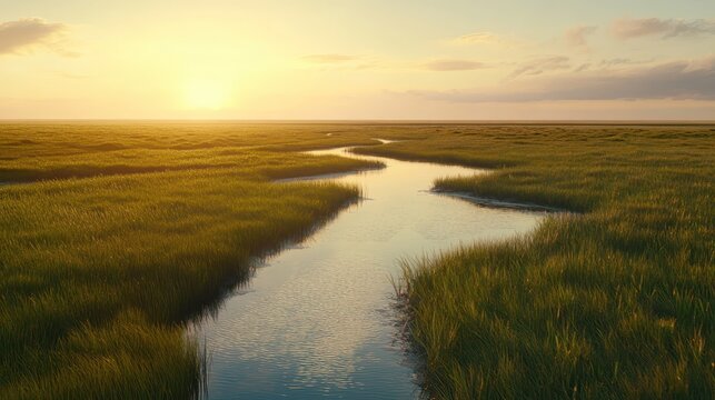 Winding river reflecting golden hour sunset light across a serene marsh landscape evoking tranquility