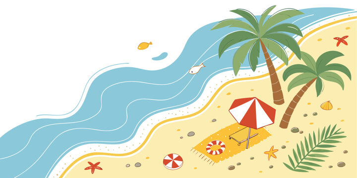 Summer beach scene with palm trees and parasol vector illustration vacation tropical relaxation landscape coastline paradise illustration recreation destination shoreline