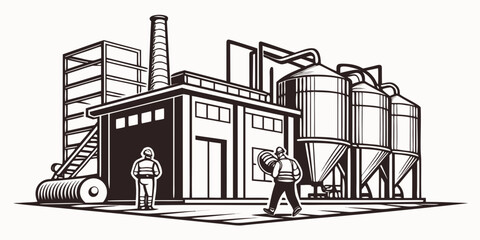 Industrial brewery facility exterior with workers and storage silos industry industrial building production manufacturing construction architecture engineering facility business technician © AG