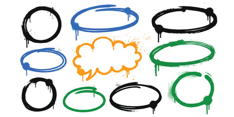 Set of colorful graffiti spray paint circles and bubble speech shape elements © md