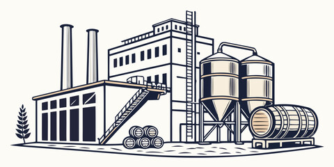 Modern brewery factory building with metal silos and wooden barrels for beer production industry building beverage facility manufacturing processing brewhouse architecture © AG