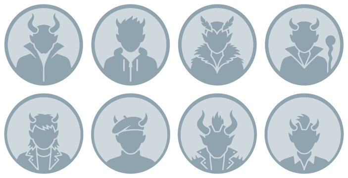 Collection of stylized avatar icons featuring demonic figures with horns and various outfits.