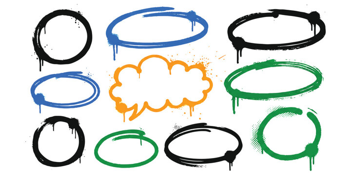 Set of colorful graffiti spray paint circles and bubble speech shape elements