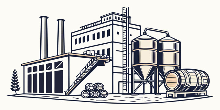 Modern brewery factory building with metal silos and wooden barrels for beer production industry building beverage facility manufacturing processing brewhouse architecture