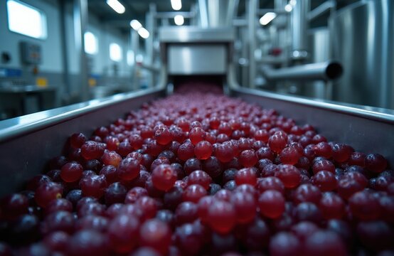 Red grapes on conveyor belt at winery. Fruits move for crush process to make wine. Modern facility for winemaking production line. Grapes for fermentation.