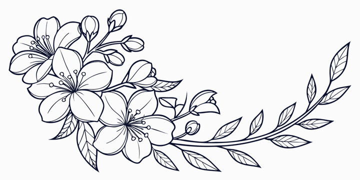 Detailed floral corner arrangement with blossoming cherry flowers arrangement botanical illustration ornament decoration invitation isolated minimalist romantic stylized artistic blooming