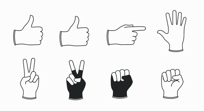 Set of various hand gestures and signs represented as simple line art icons.