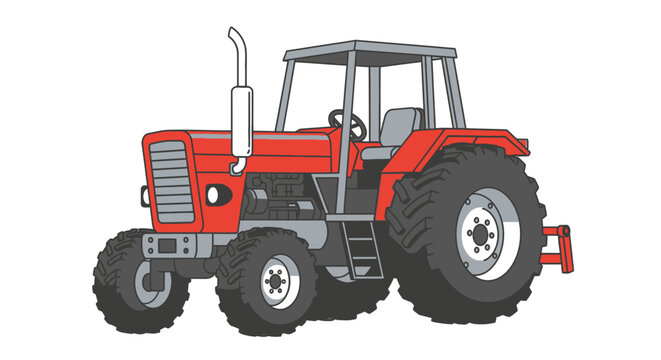 A detailed illustration of a red farm tractor with large wheels and an exhaust pipe, depicted on a white background.
