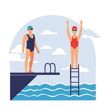 Two swimmers on diving board and ladder by pool