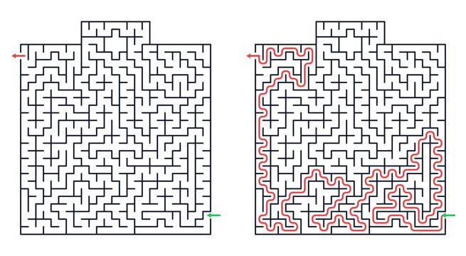 Find the best deal maze . Black and white square logical maze puzzle with entrance and exit on transparent background. Educational game for sale and problem solving concept. 