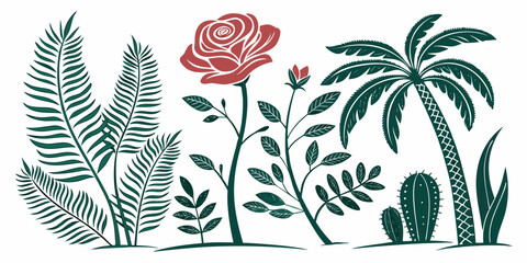 Collection of various botanical plants including rose fern palm tree with nature themed plants and flowers botanical art botanical illustration collection stylized isolated aesthetic tropical © AG