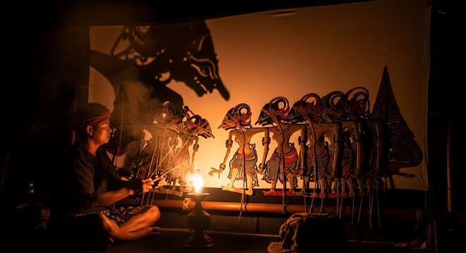 Traditional Indonesian Wayang Kulit Shadow Puppet Performance with Dalang Puppeteer in Village