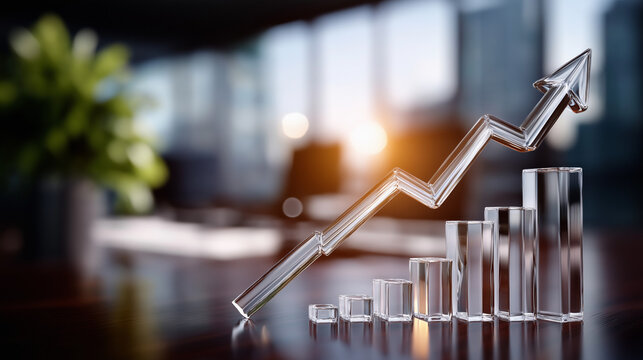 Business Growth Chart: A clear glass bar chart and arrow symbolizing upward business growth and financial success, set against a soft-focus office background with warm sunlight.