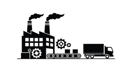 Obraz premium Industrial factory complex with smokestacks gears and transport vehicles silhouette