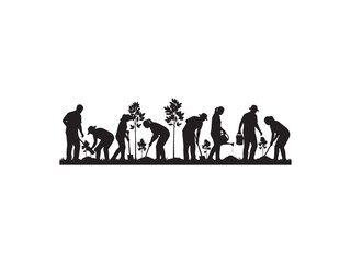 Obraz premium Black silhouettes of diverse people planting young green trees in a garden on white background