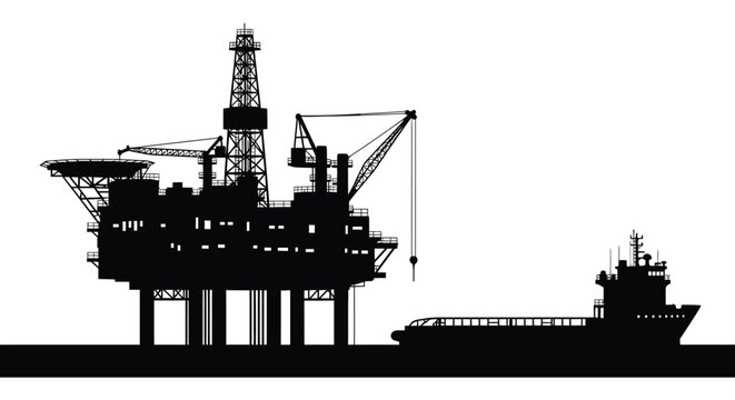 offshore oil rig and supply vessel silhouette against a white background silhouette