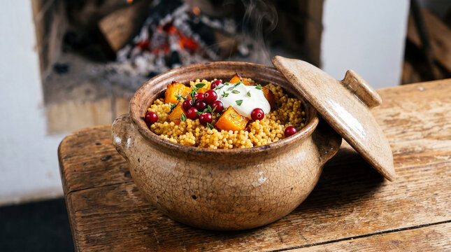 Traditional clay pot serving rustic Belarusian draniki pancakes with sour cream and garnish on wooden table