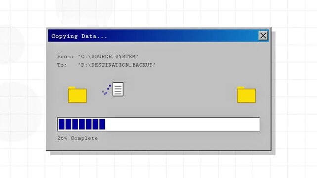 Retro pixelated computer window showing data copying and file transfer progress