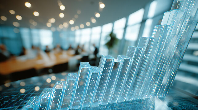 Business Growth Visualization: A 3D rendered glowing blue bar graph ascends dynamically, symbolizing financial growth and upward trend.