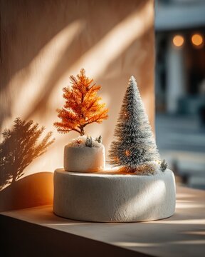 Two small decorated Christmas trees beside a white cylindrical podium, peach-colored wall, warm sunlight