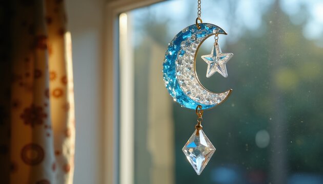 Blue crescent moon and star suncatcher hangs on window. Crystal sparkle refracts light. Daytime indoor decor with natural bokeh background. Peaceful home ambiance.