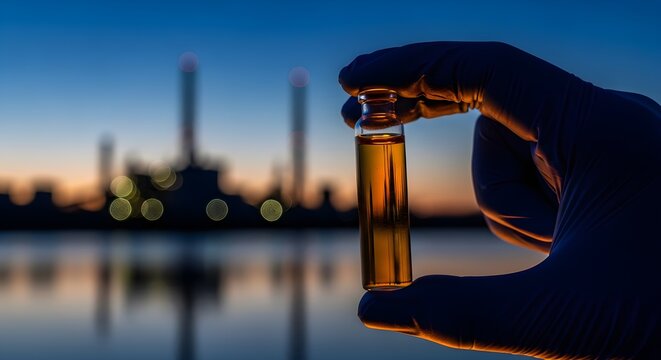 Hand Holding Vial of Liquid With Industrial Landscape At Dusk