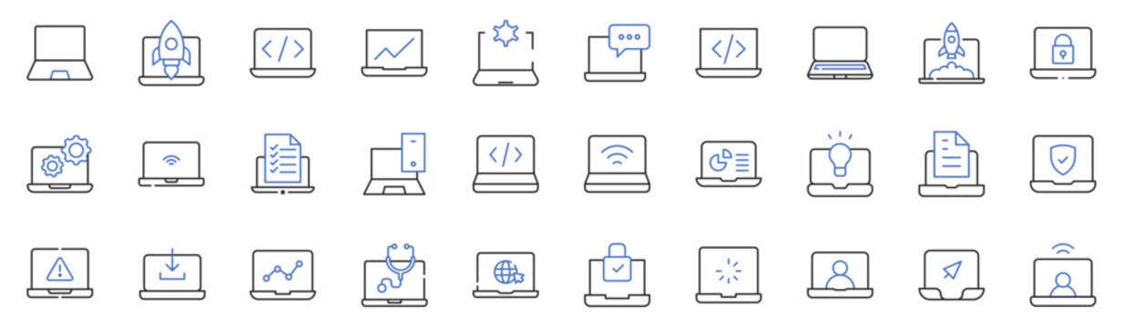 Laptop Computer, Coding, Programming, Software Development and Digital Technology Line Icons Set Editable Stroke Vector Illustration