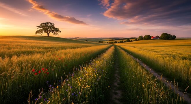 Idyllic rural landscape at sunset with a dirt path through golden fields and a lone tree