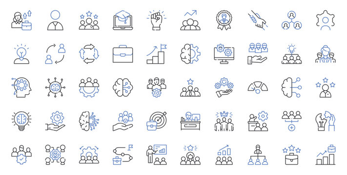 Leadership, Team Management, Business Growth, Human Resources and Workforce Development Line Icons Set Editable Stroke Vector Illustration