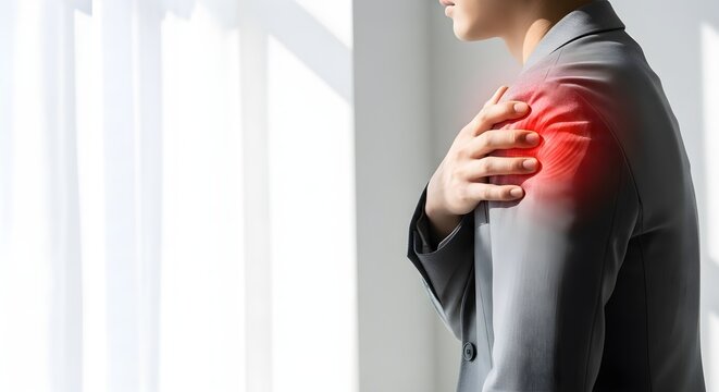 Person Experiencing Shoulder Discomfort and Pain Highlighted by Red Area