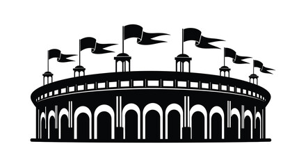 Stadium with flags and turrets black and white graphic silhouette © Laily begum