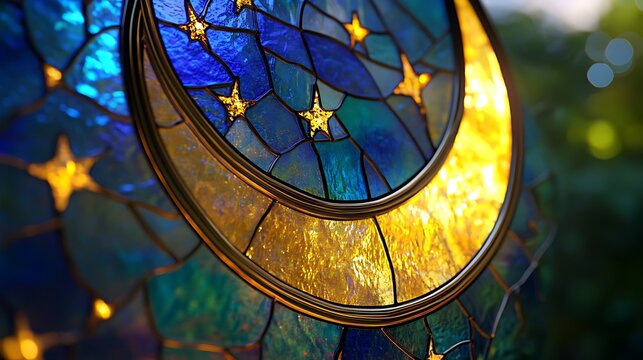 Stained glass crescent moon and stars celestial design decorative window art