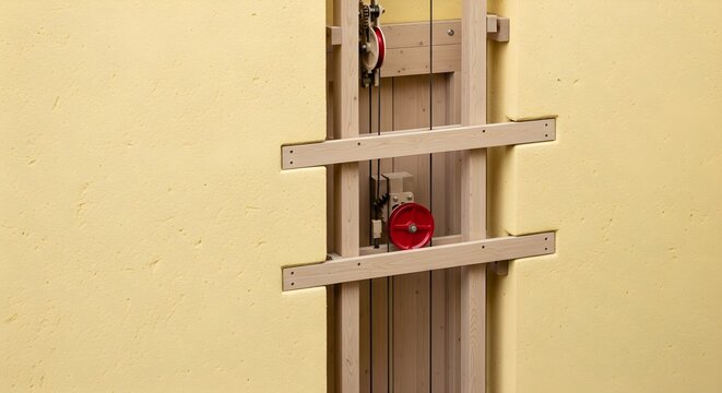 Antique Dumbwaiter Mechanism With A Red Pulley And Wooden Rails