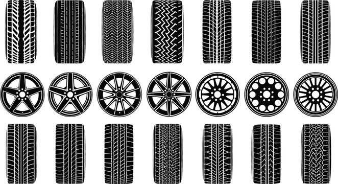 Car Tire Tread and Alloy Wheel Rim Vector Set with Diverse Automotive Track Patterns for Garage Service Transport Graphics and Vehicle Maintenance Designs