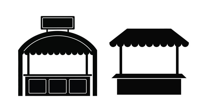 Market stall silhouettes with awnings and blank signage on a white background silhouette